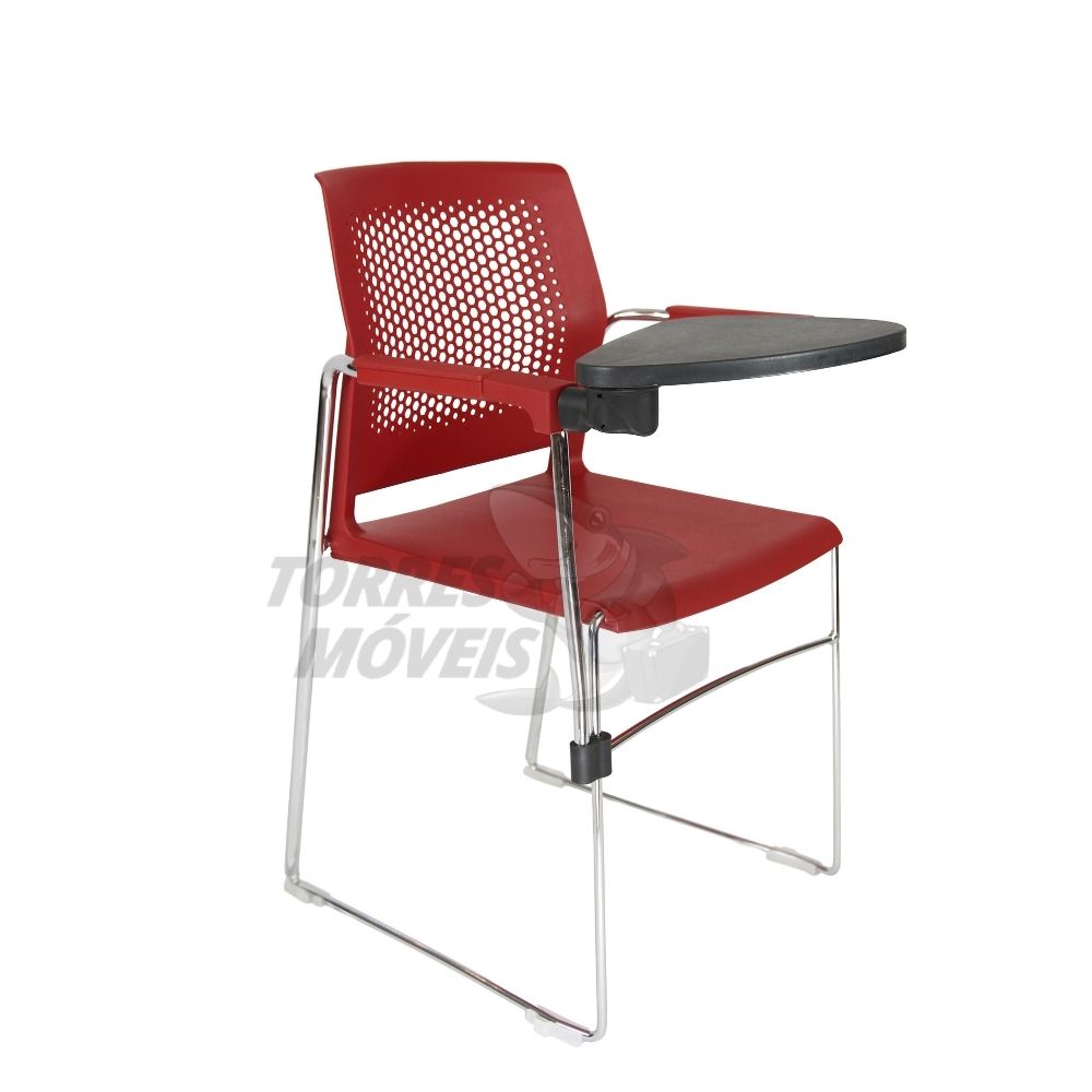Cadeira Axel estrutura trapezoidal encosto perfurado com braço e prancheta